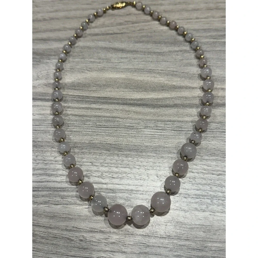 Vintage Rose Quartz Beaded Necklace‎ Graduated Stones Gold Tone Spacer Box Clasp